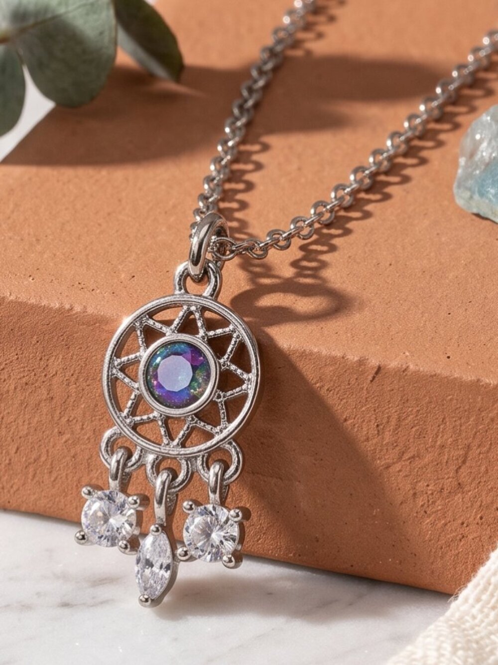 Silver Dreamcatcher Necklace Iridescent CZ Boho Whimsigoth Celestial 16.5"
